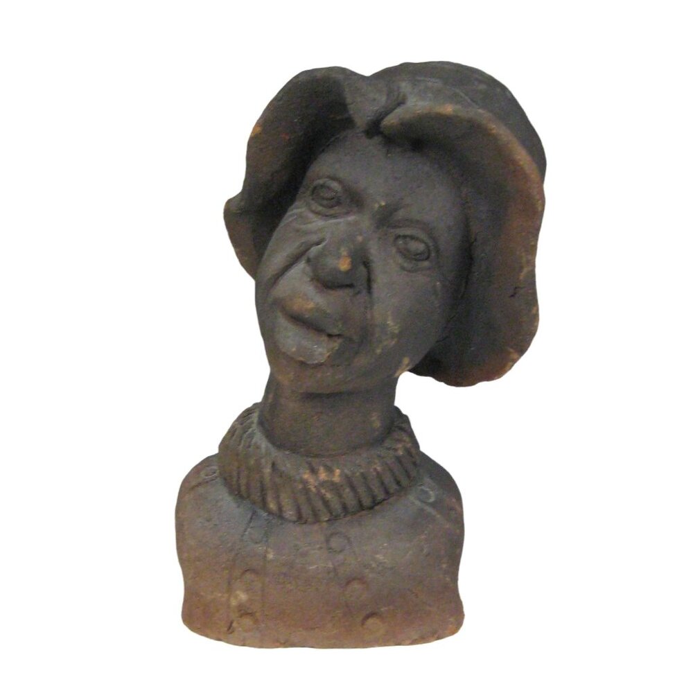 Ceramic Bust Figure Man Hat Art 6 Inch Carved Sculpture Brown